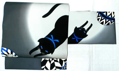 名古屋帯（塩瀬） 黒猫